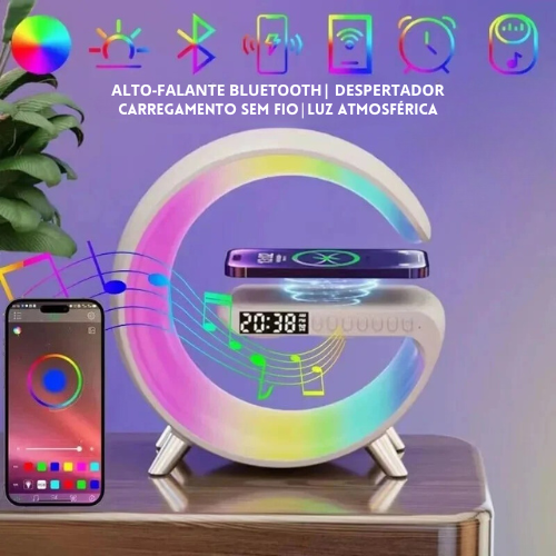Despertador Multifuncional com Caixinha de Som e Carregador Sem Fio - Comece seu Dia com Energia e Conveniência!